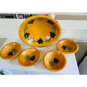 VINTAGE Munising Wooden Salad Serving Bowl w/ 4 Small Bowls Hand Painted Ivy